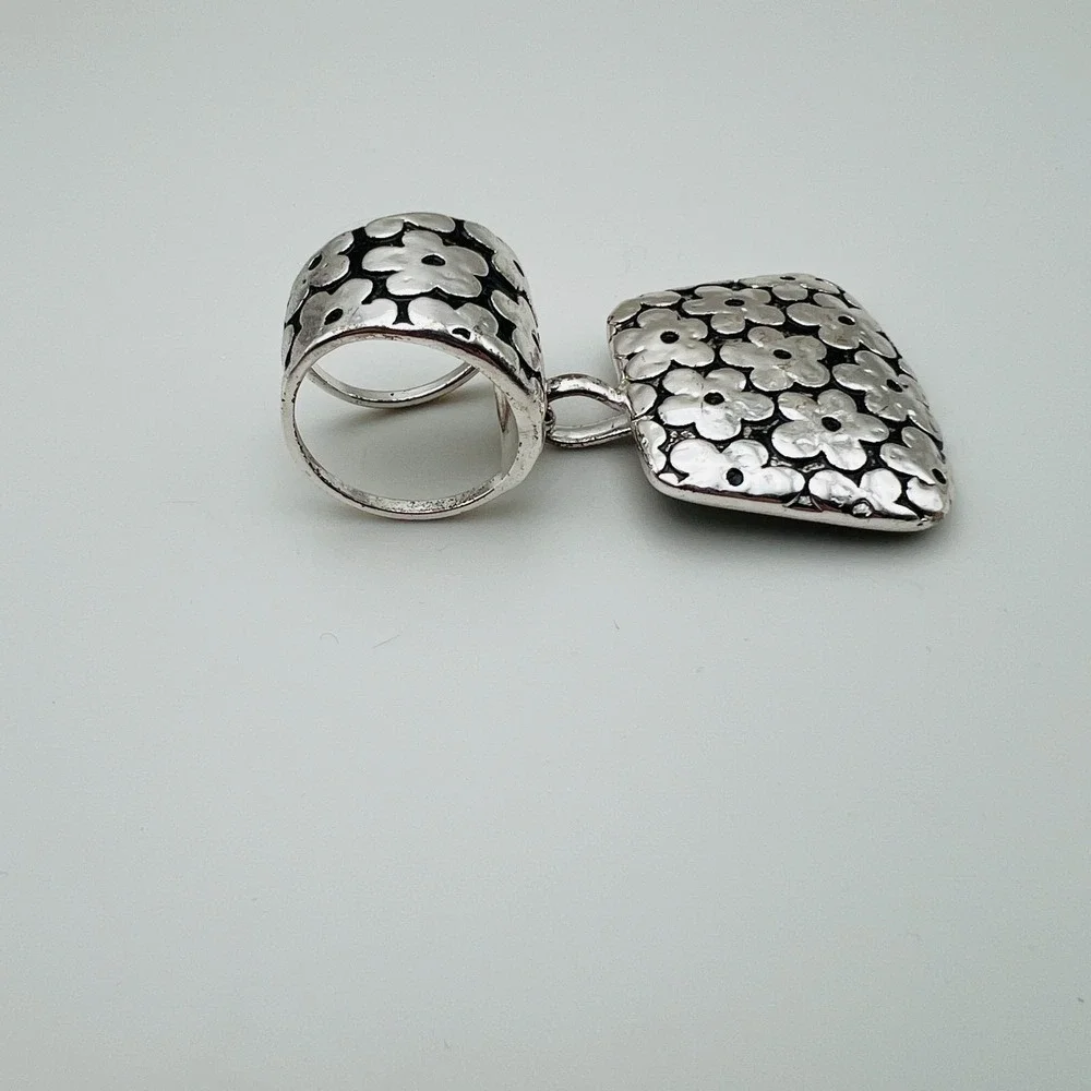 Silver Tone Floral Slide Scarf Enhancer Pendant Hammered Textured Dangle‎